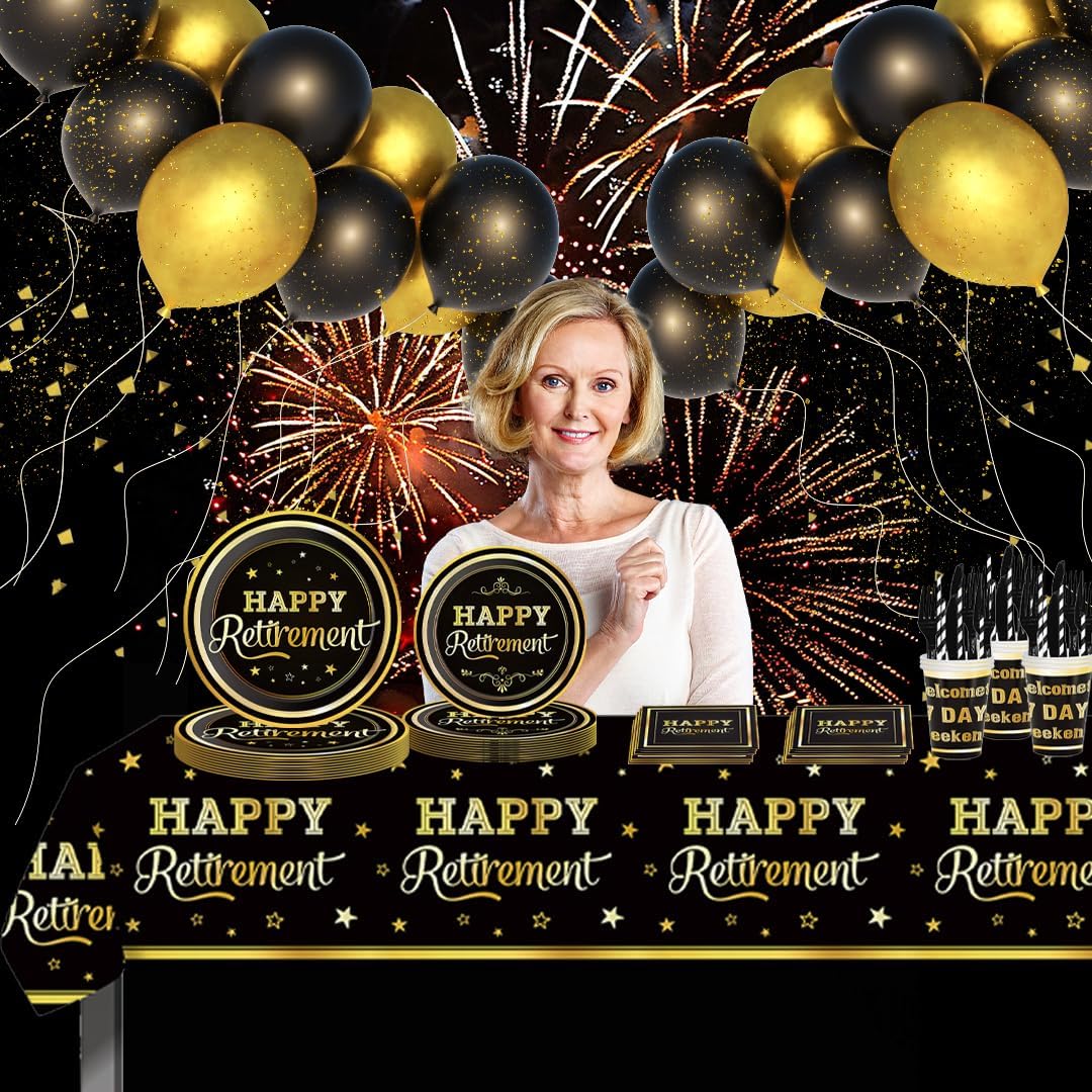 141pcs Retirement Party Decorations,Black Gold Party Disposable Tableware Includes Dinner Plate Dessert Plate Paper Napkin Cup Knife Fork Straws Tablecloth Black Gold Retirement Supplies set