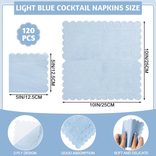 120 Pcs Cocktail Napkins Light Blue Napkins Boy Baby Shower Napkin Disposable Scalloped Blue Beverage Dessert Napkin for Birthday Wedding Baby Bridal Shower, 5 x 5 Inch
