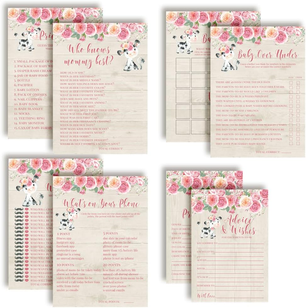 Amanda Creation Baby Shower Games 8 Game Set Watercolor Pink Cow 80 Double-Sided Cards for 20 Guests. Baby Shower Bingo, Baby Predictions & Activities for Guests. Farm & Barn Theme for Girls