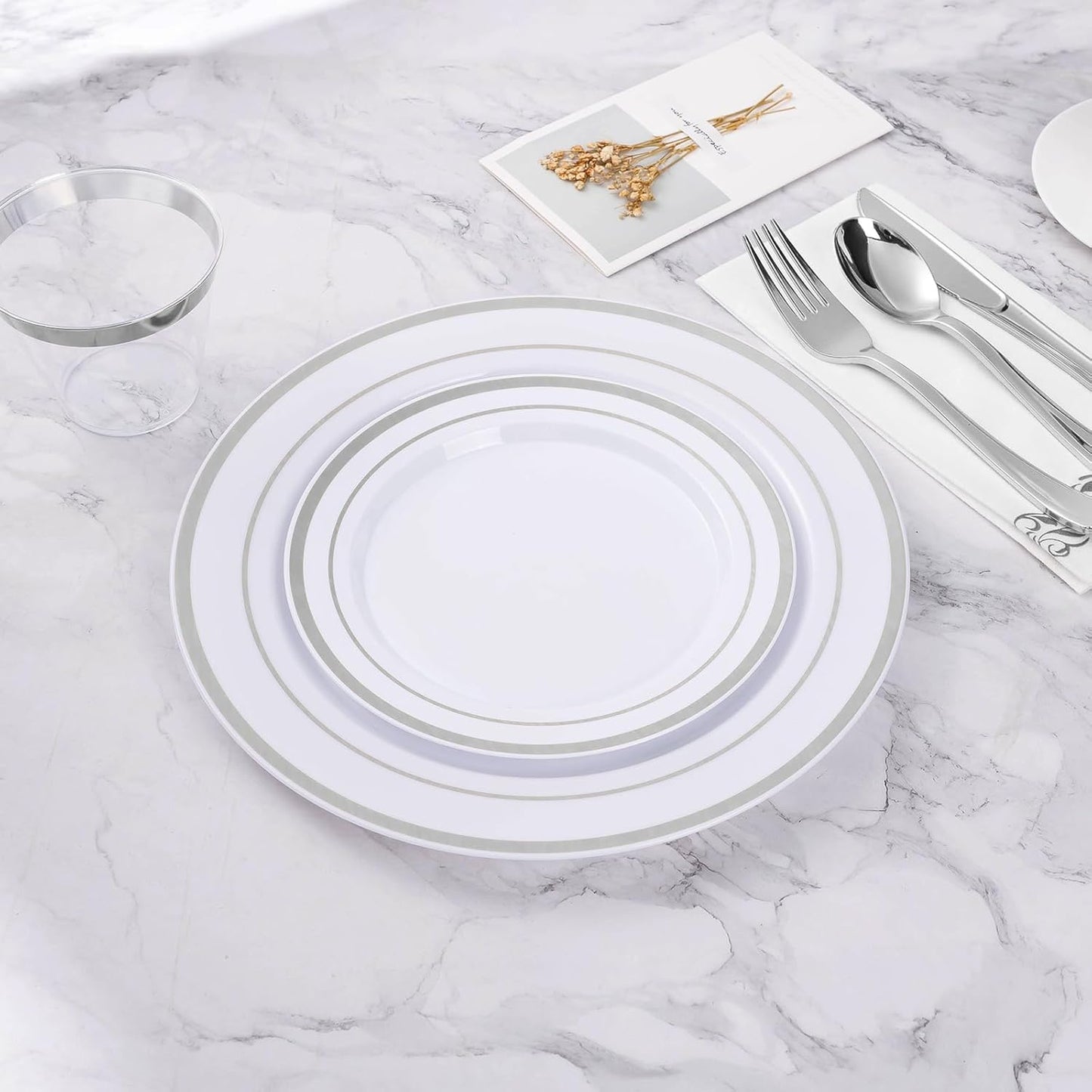 BESTVIP 200PCS Silver Plastic Plate, Disposable Party Plates with 100 Dinner Plates and 100 Dessert Plates, Plastic Plates for Party, Wedding and Birthday