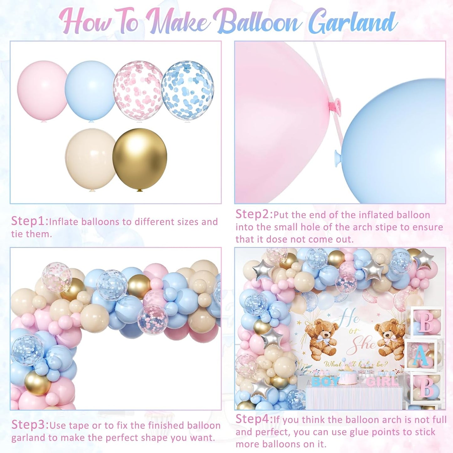 Bear Gender Reveal Balloon Boxes Decorations - 158pcs Pink Blue Balloon Garland Kit, 4pcs Baby Box With Letters, Backdrop for Baby Shower, Boy or Girl Party Supplies