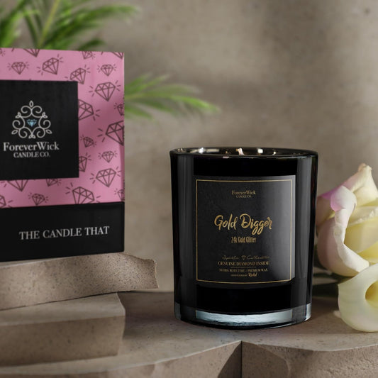 Gold Digger Sparkle Sandlewood & Amber Surprise Candle with Diamond Inside | Foreverwick Candles | Scented Soy Candles Gifts for Women Aromatherapy Candle | All-Natural Organic Soy Candle 14oz | 70h