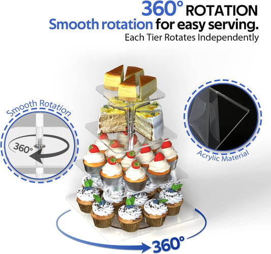 4-Tier Rotating Cupcake Stand, Clear Acrylic 360° Spinning Dessert Display Tower for Cakes & Pastries, Serving Stand for Weddings, Birthdays, Parties - Square