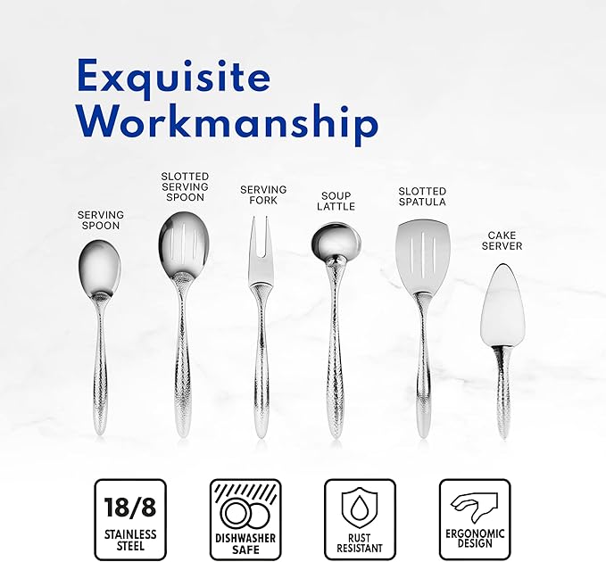 New Star Foodservice Mars Collection, Stainless Steel, 18/8 Hammered Hollow Handle Slotted Serving Spoon, 13-Inch, 4.8 Ounces