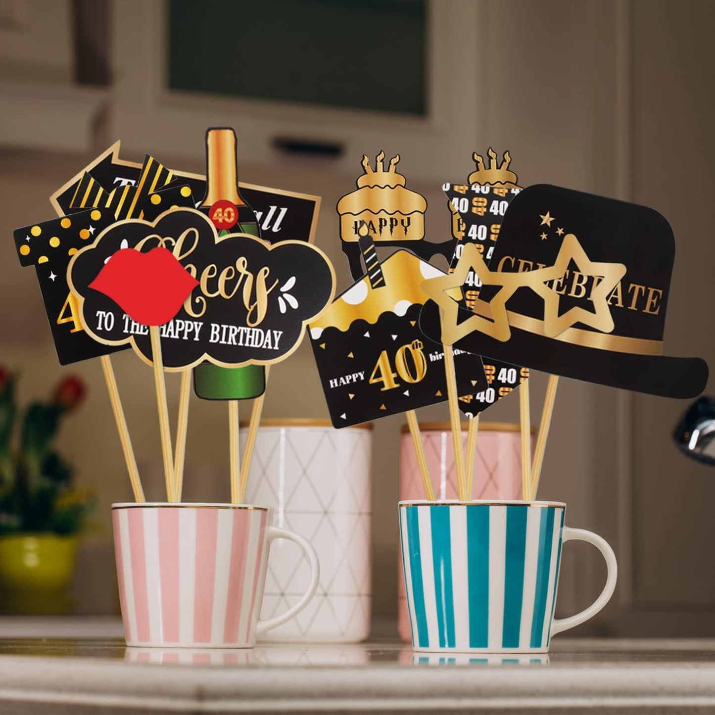 LINGTEER Happy 40th Birthday Party Photo Booth Props,Cheers to 40th Birthday Forty Years Old Bday Party Centerpieces Props Decorations Sign.