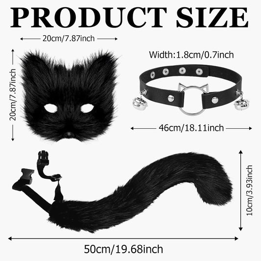3 Pcs Furry Cat Mask Set, Faux Fur Fox Mask and Tail Set, Halloween Party Cosplay Costume Accessory,Wolf Masks and Leather Necklace for Halloween Parties, Themed Role-playing Parties (black)