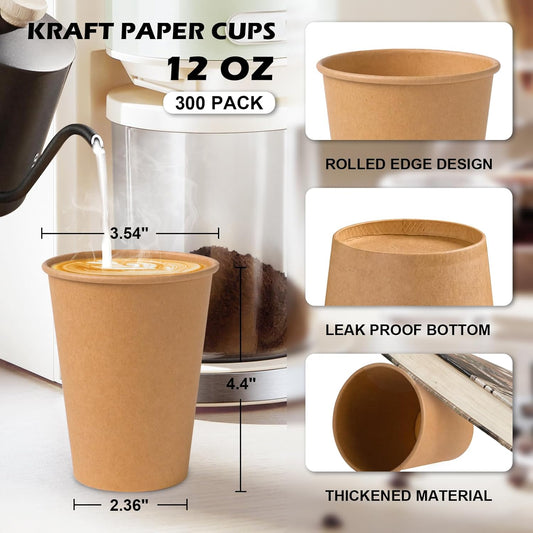 SIUQ 300 Pack 12 oz Kraft Paper Cups, Unbleached Disposable Paper Coffee Cups, Thickened Hot/Cold Beverage Drinking Cup for Party, Home, Cafes, Bistros, Businesses (Brown)