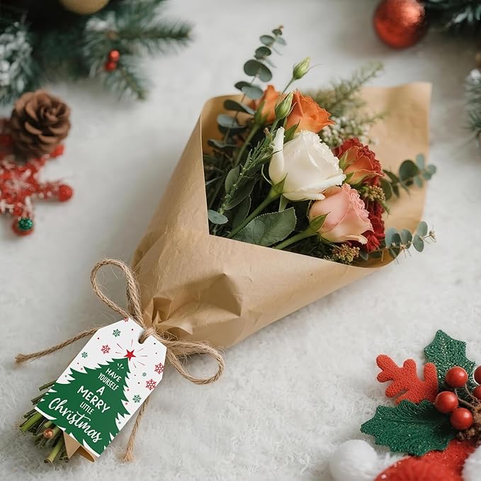 Anwyll Christmas Gift Tags with String - 50Pcs White Merry Christmas Name Tags for Gift Xmas to from Tag Have A Merry Little Christmas Tree Label Tag for Present Wrap Goodie Bags Holiday Party Favors