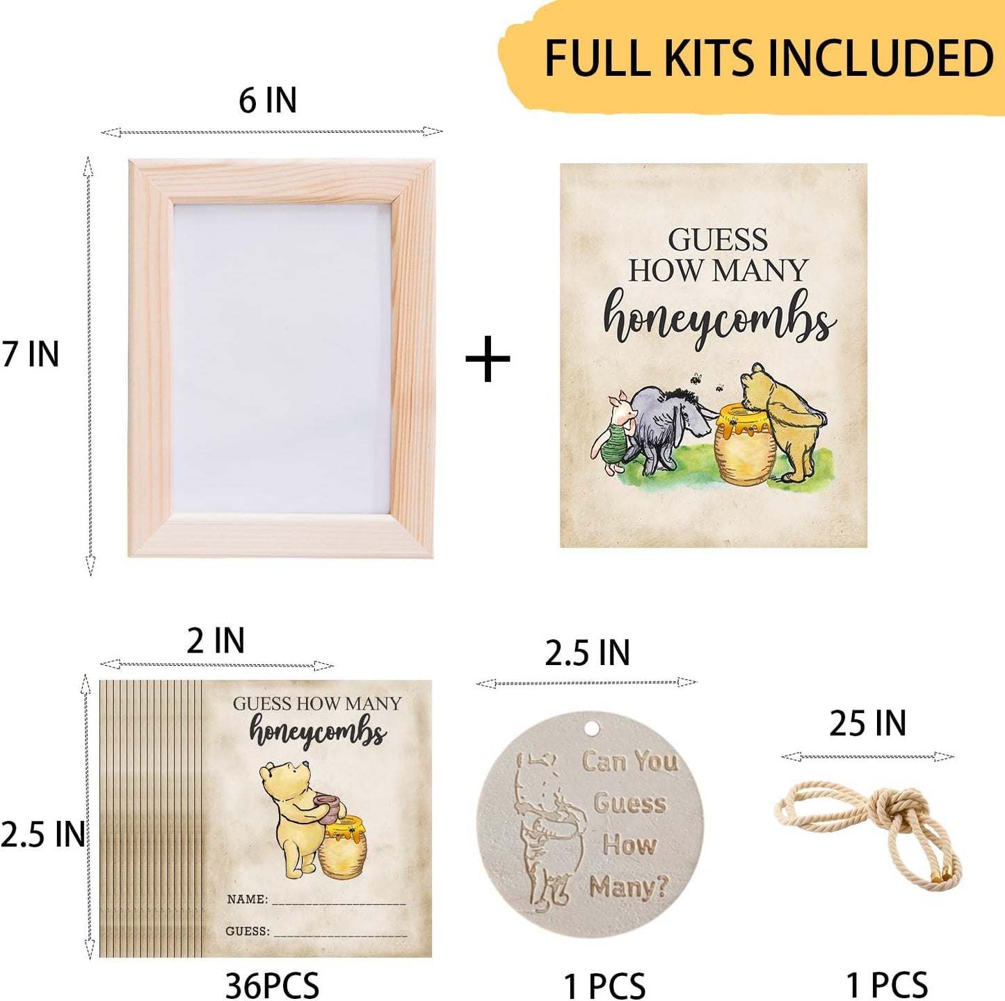 Classic The Winnie Bear Guess How Many Honeycombs Game- Perfect for Baby Showers, Newborn Parties & Birthdays Decorations | Wood Frame + Sign + Guest Game Card - 40 Pcs Set