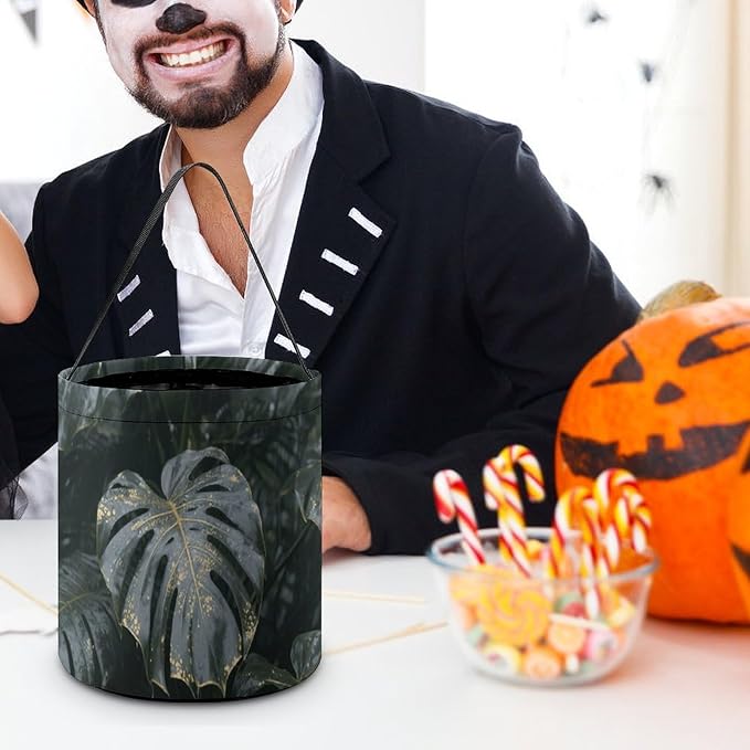 Halloween Candy Bucket - Grey Gold Plant Leaves Trick Or Treat Candy Bag, Gift Bag for Party Favor Supplies