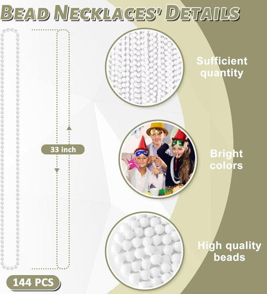 144PCS Bead Necklace, White Beaded Necklace Party Favors Bulk, 33" Mardi Gras Beads Necklaces Accessories, Festival Parade Throw Accessories for Baby Shower Wedding Birthday Celebrations Decorations