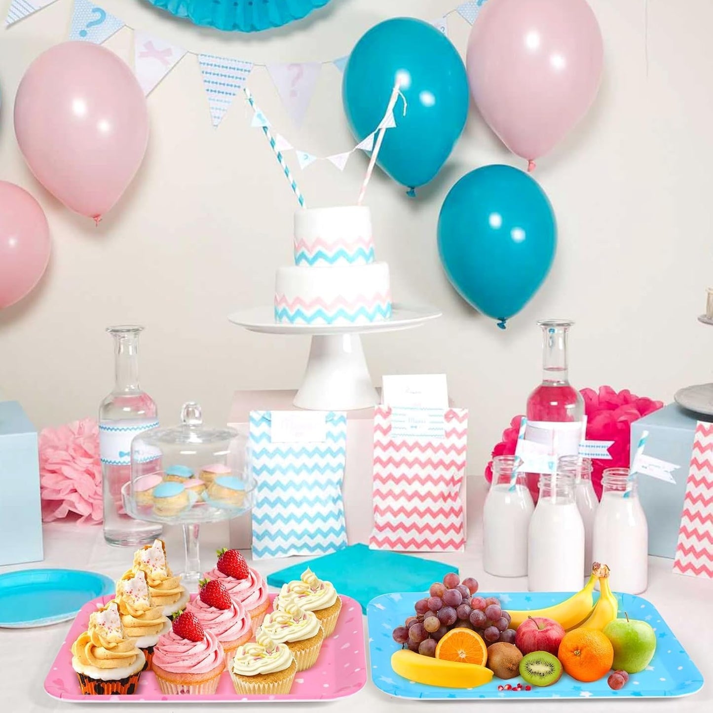 Gender Reveal Serving Fruit Tray, 4 PCS Rectangle Melamine Dinner Tray, 13x9.6IN Reusable Blue and Pink Baby Shower Decoration Platter, for Gender Reveal Kids Newborn Birthday Party Supplies