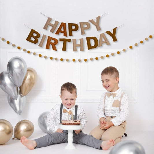Brown Happy Birthday Banner Felt Ball Garland Pre-Strung Happy Birthday Sign for Party Backdrop Decorations Photo Prop