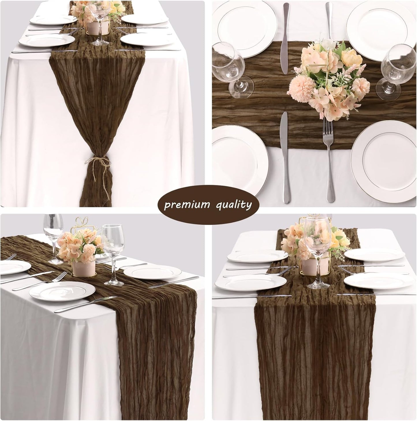 12 Pack 10Ft Cheesecloth Table Runner 35x120 Inch Boho Gauze Table Runner Rustic Cheese Cloth Long Romantic Table Runners for Wedding Bridal Shower Birthday Party Table Decor (Brown)