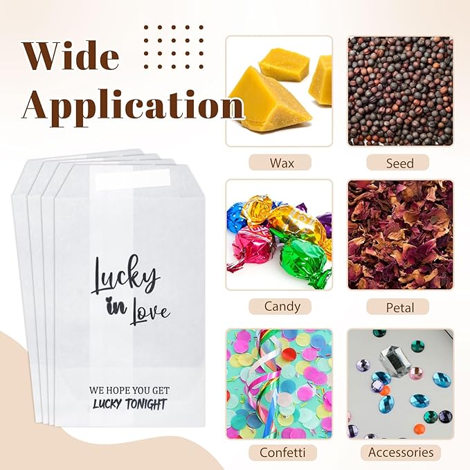 100 Pcs Wedding Confetti Bags, 2.8" x 5" Throw Flower Petal Packets Semi-transparent Glassine Waxed Paper Treat Bags for Wedding Toss, Party Decor(Lucky in Love)