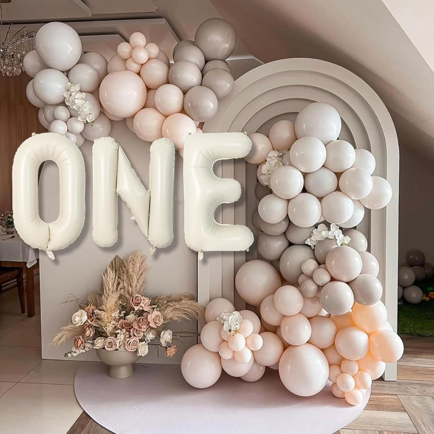 40 Inch Beige One Balloons for 1st Birthday, Cream White Sand One Balloon Letters with Ribbon, Neutral Ivory Alphabet One Balloon for Boys Girls First Birthday 1 Year Old Baby Shower Party Decorations