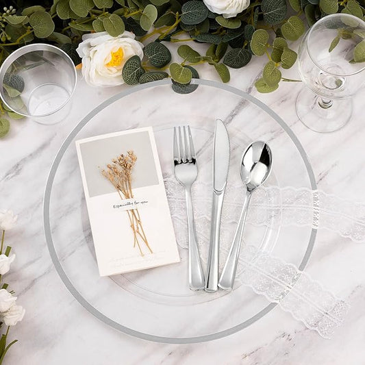 Goodluck 12 Inch Silver Charger Plates, 25 Pack Clear With Silver Trim, Disposable Plastic for Dinner, Wedding, Party