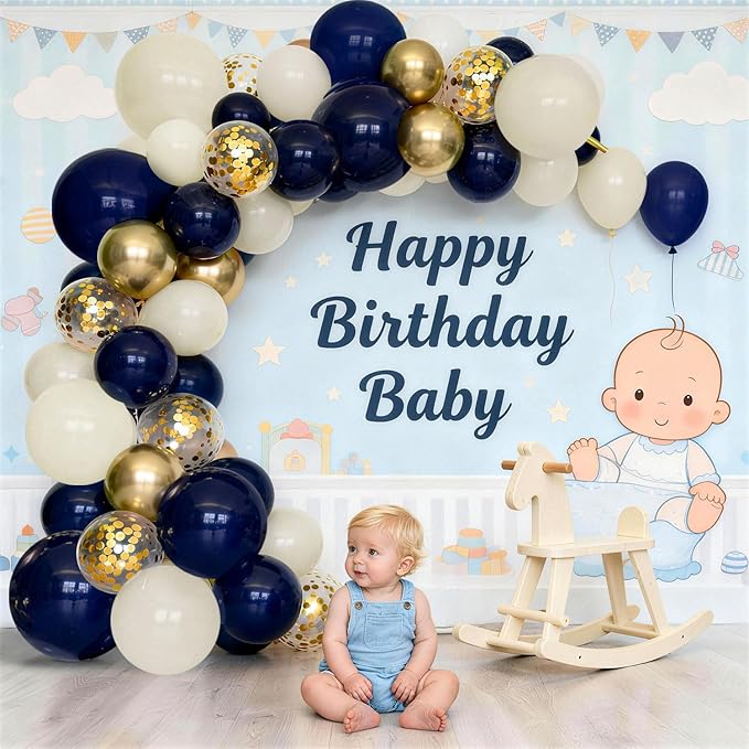 Blue and Gold Balloons Arch Kit, Navy Dark Blue Latex Balloon Arch Kit with Chrome Gold Sand White Balloons Garland and Gold Confetti Balloons for Wedding Boy Birthday Gender Reveal Party Decoration