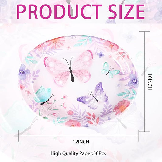 50Pcs Butterfly Oval Paper Plates 10" x 12" Large Disposable Heavy Duty Watercolor Butterfly Floral Party Plates Pink Spring Dessert Platters for Girls Baby Shower Butterfly Birthday Party Supplies