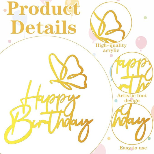 6 Pcs Happy Birthday Cake Toppers,6 Styles Gold Acrylic Happy Birthday Cake Topper Mirror Acrylic Birthdays Sign for Cakes Side Decoration Cakes Party Decorating Supplies