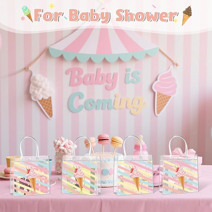 Aliceset 20 Pcs Ice Cream Party Favor Bags with Handles Clear Plastic PVC Summer Goody Bags Ice Cream Theme Birthday Party Baby Shower Supplies Sweet Candy Decorations 8x8x3.15 Inch