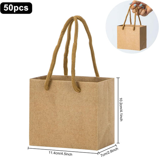 driew Small Brown Gift Bags 50 Pcs, 4.5" x 2.8" x 4" Min Thick Kraft Paper Bags Bulk with Brown Handles Set for Wedding Party Birthday Gathering Baby Shower
