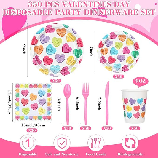 Layhit 350 Pcs Valentine's Day Tableware Sets Conversation Heart Paper Plates Valentines Plates Napkins Cups Disposable Colorful Heart Candy Dinnerware for Valentine Weddings Birthday, Serve 50