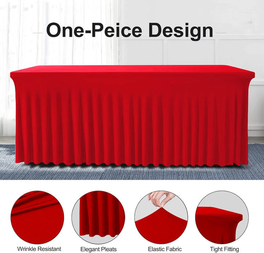 Table Skirts for Rectangle Tables 8ft - One-Piece Red Tablecloths and Skirt, Wrinkle Resistant Ruffles Elastic Cover for Banquets, Weddings, Events, Parties