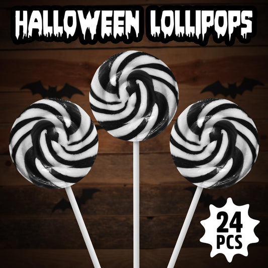 Black and White Halloween Lollipops, 24 Pieces of swirl Lollipops Individually Wrapped, Perfect Trick or Treat for Kids and Adults, Halloween Candy Individually Wrapped for Sharing at Parties