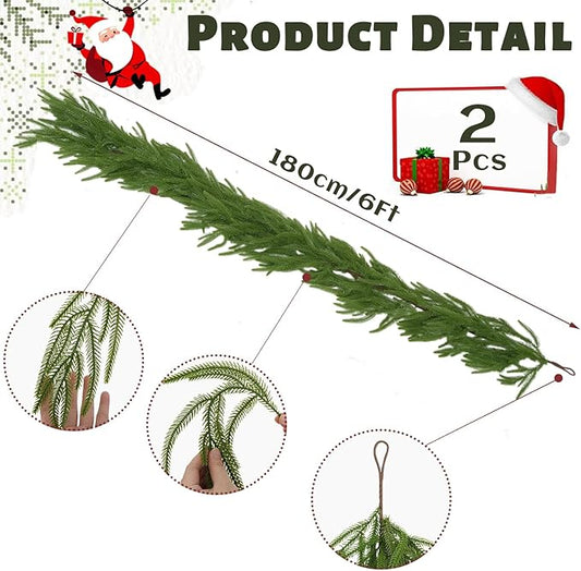 2 Pcs 6FT Christmas Garland, Christmas Decorations, Artificial Norfolk Pine Garland, Faux Greenery Garland for Mantle Fireplace Table Door Wall Upstairs Indoor Outdoor Holiday Xmas Decor