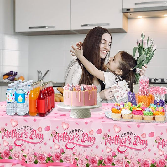 Happy Mothers Day Decorations Tablecloth 4 Pack Large Rectangle Pink Rose Mothers Day Table Covers for Mothers Day Outdoor Party Disposable Waterproof Plastic Tablecloth