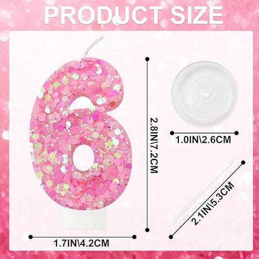 Zailo Birthday Number Candles, Glitter Number Candle Cake Decorations with Sequins, Cupcake Decorations for Girls, Women, Party Anniversary Celebrations (Number 6, Light Pink)