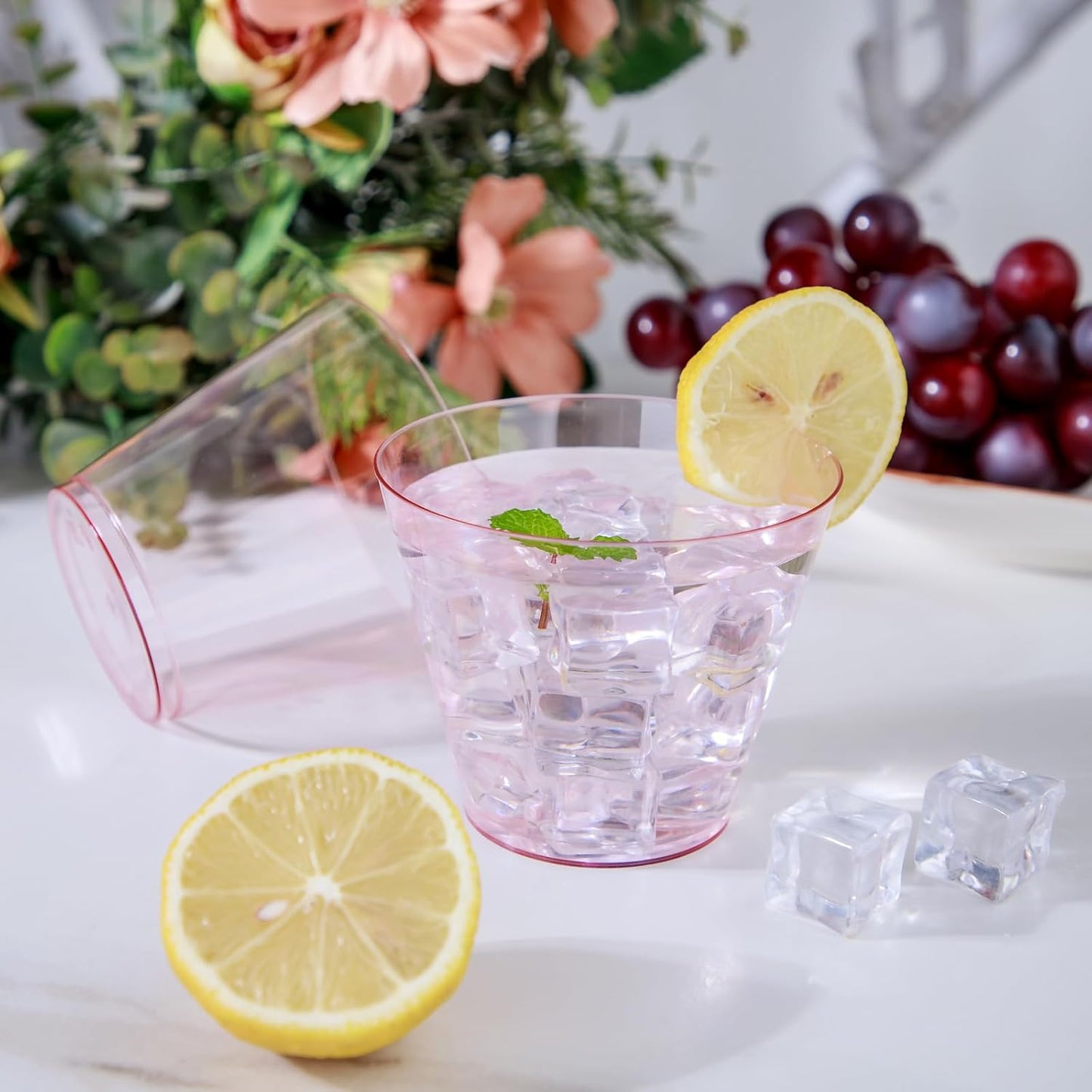 Ciaell 300PCS Clear Pink Plastic Cups - 9 Oz Heavy Duty Plastic Cups - Clear Party Cup Disposable Wine Cup for Parties & Weddings & Party