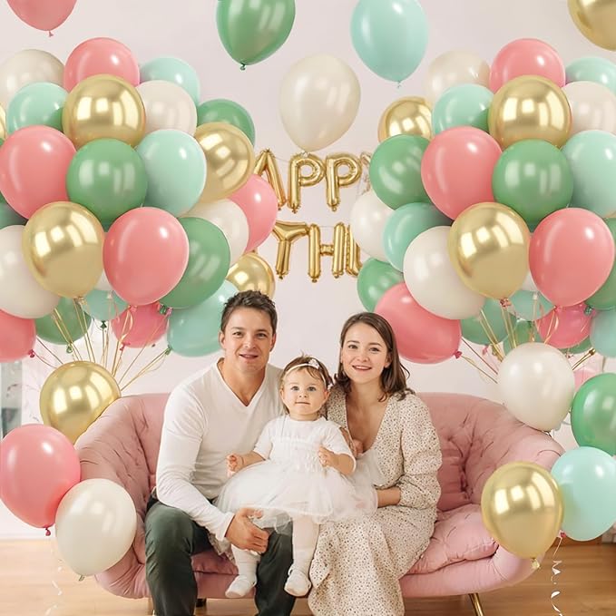 Zesliwy Sage Green Pink Gold Balloons,50Pcs 12Inch Dusty Mint Green Sand White Metallic Gold Balloon Retro Light Blush Pink Balloon for Birthday Jungle Safari Bridal Shower Wedding Party Decoration