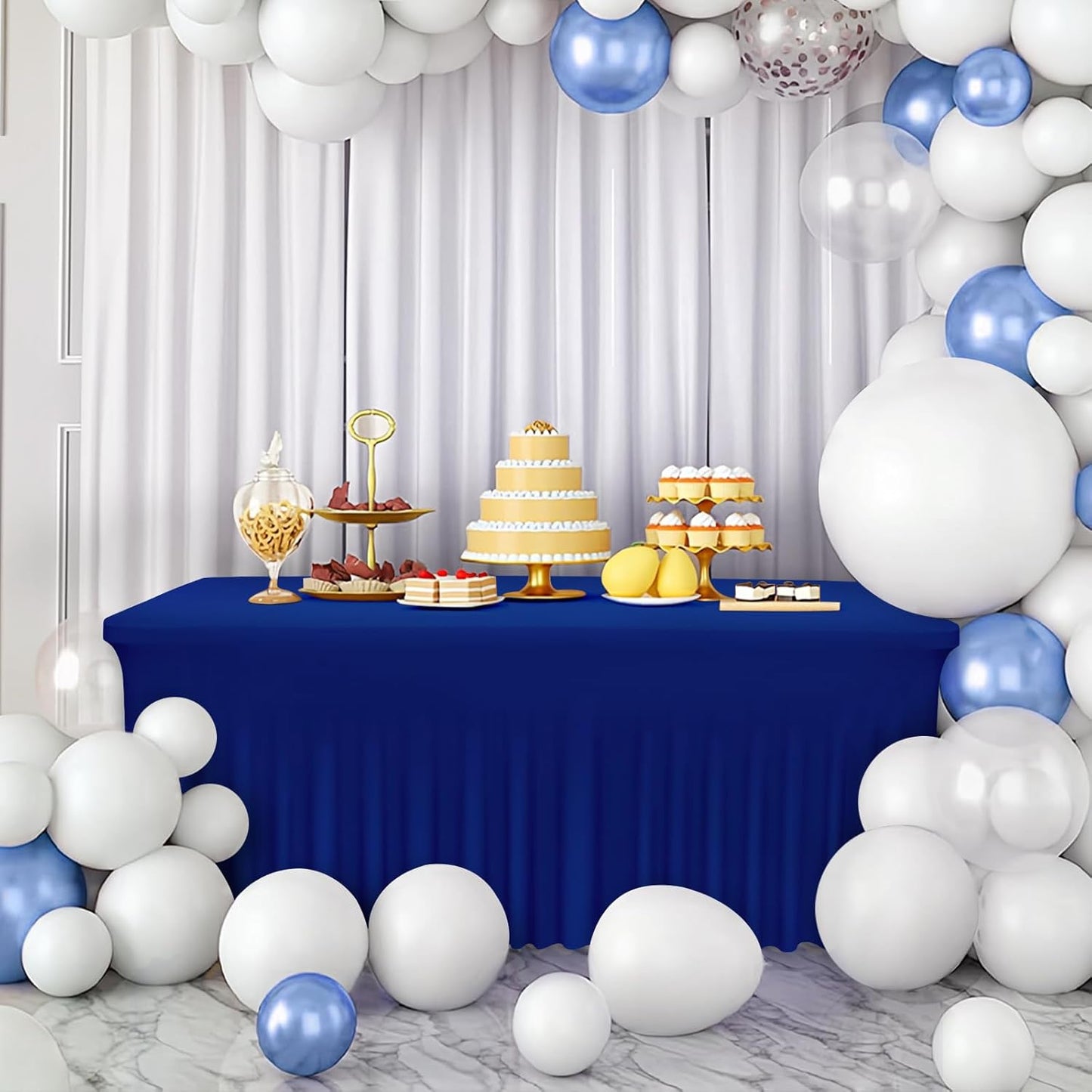 Table Skirts for 8ft Rectangle Tables - 2PCS Blue Table Covers for 8 Foot Tables, Wrinkle Resistant Ruffles Elastic Table Cloths and Table Skirt for Banquets/Weddings/Parties/Birthday