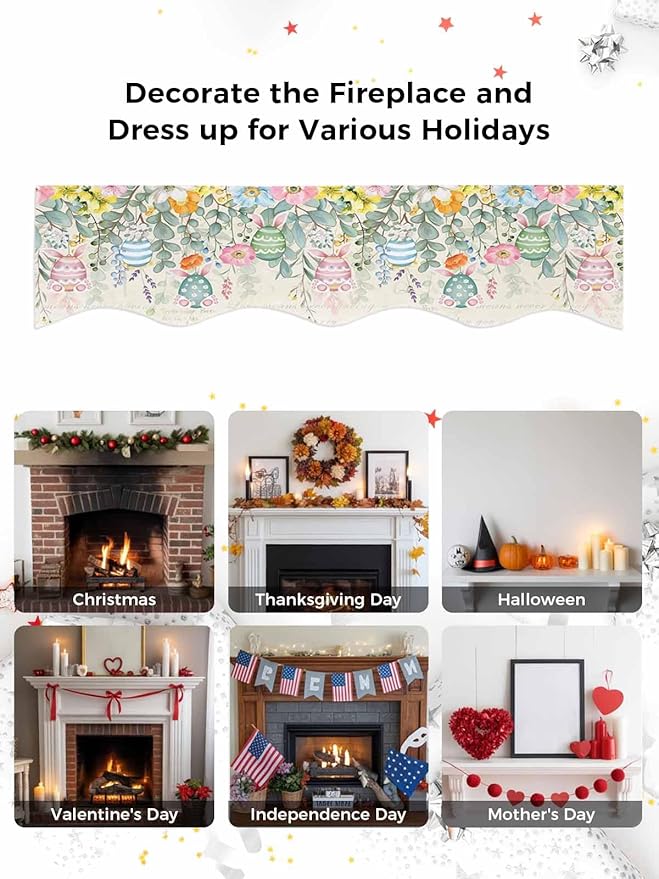 Easter Fireplace Mantel Scarf Table Runner, Spring Colorful Eggs Eucalyptus Leaves Floral Winter Garland Mantel Top Tablerunners Dresser Scarves Cover for Windows Party Living Room 60''x17''