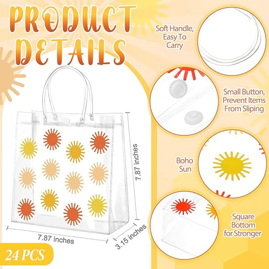Kacctyen 24 Pcs Boho Sun Pattern Gift Bags for Party Favor Clear Boho Sun Goodie Bags with Handle 7.87 x 7.87 x 3.15 Return Gift Wrap Totes for Guests Treat Candy Wrapping