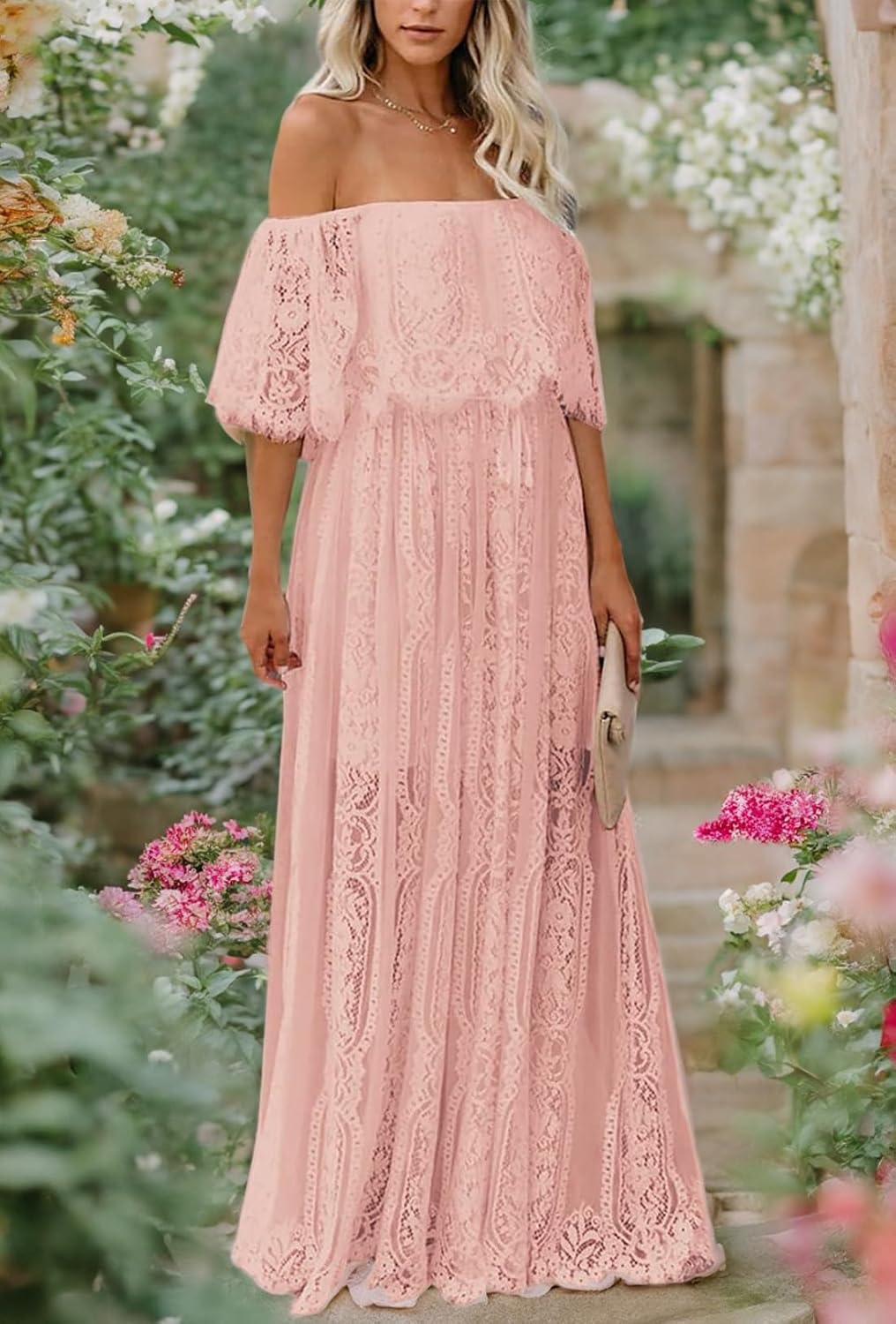 HOYISHION Women's Off The Shoulder Floral Lace Maxi Dress White Bridesmaid Wedding Party Maternity Photoshoot Long Dresses
