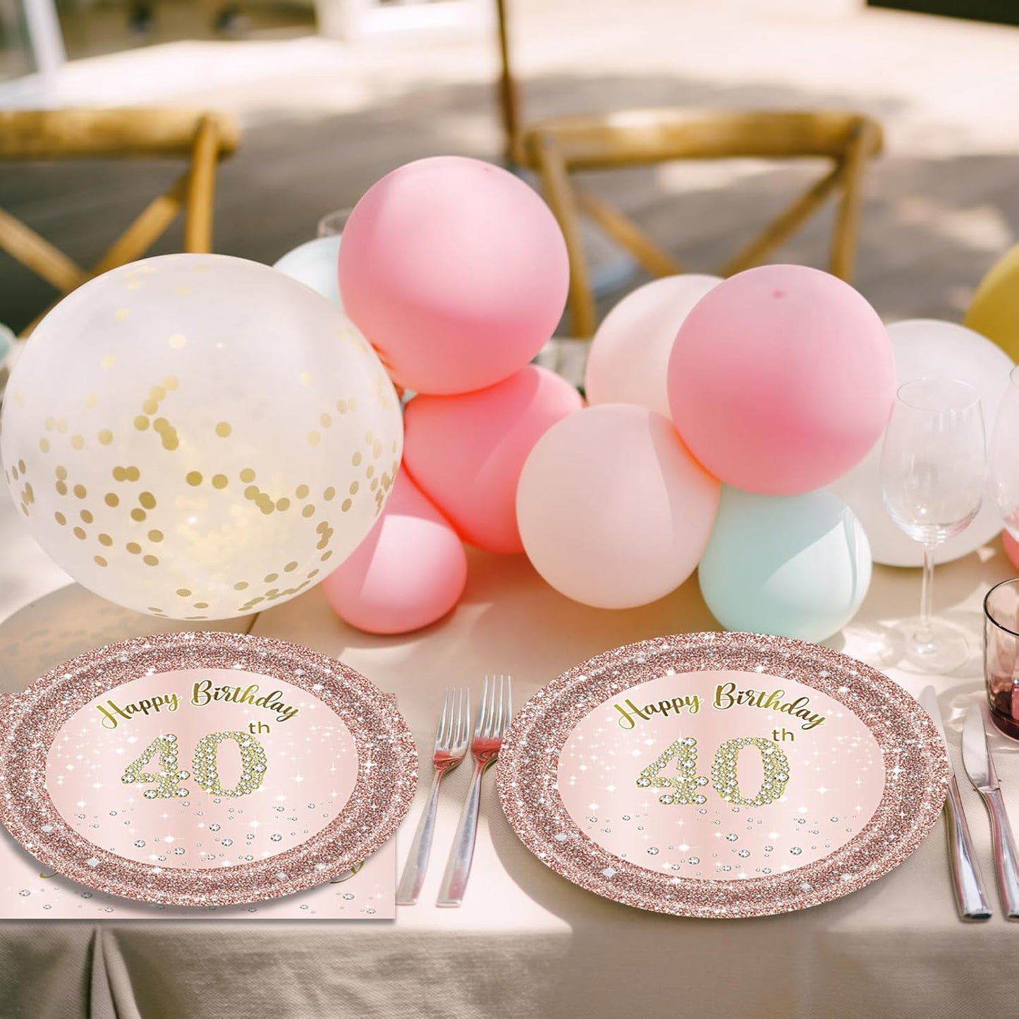 40th Birthday Decorations for Women, Rose Gold Forty Year Old Party Supplies Include 20 Plates 20 Napkins, Pink 40 Aged Birthday Party Tableware