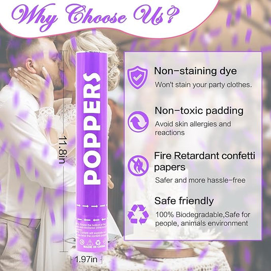 Confetti Cannon 12Pack Purple Party Popper Shooters 12 Inch Confftti Poppers for Wedding Birthday Graduation Christmas New Year Eve Party Supply Launches 20-25ft