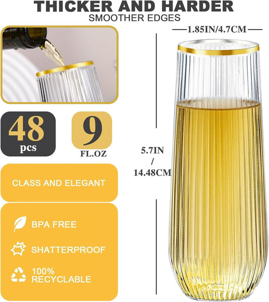 48 Pack Plastic Ribbed Champagne Flutes, 9 Oz Stemless Disposable Gold Rim Clear Plastic Toasting Glasses Shatterproof Recyclable and BPA-Free Perfect For Wedding