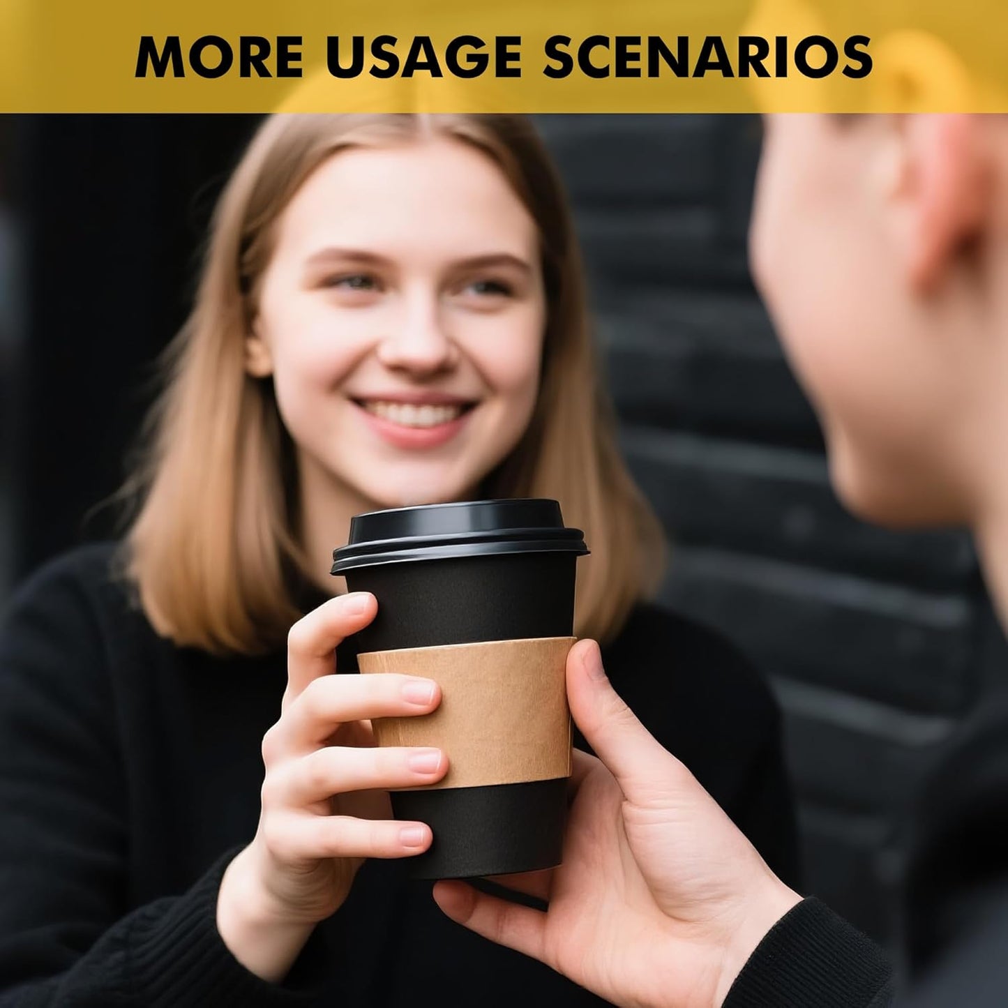 50 Pack 12 oz Coffee Cups with Lids, Black Disposable Coffee Cups with Lids, Sleeves and Stirring Sticks, Hot Paper Coffee Cup 14 oz for Hot Drinks, Parties, Picnic, Travel, and Events
