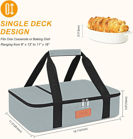 BBV Insulated Casserole Carrier for Hot or Cold Food, Food Warmer Bag Fits 9"x13" Baking Dish, Durable Nylon Leak Proof Food Containers for Travel, Potluck, Parties, Picnic, Cookouts (Grey)
