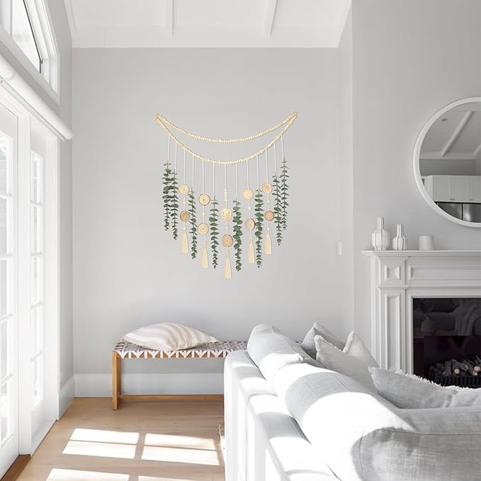 Artificial Eucalyptus Wall Decor with Wicker Ball Natural Boho Home Decorations Hanging Wooden Bead Garland for Large Bedroom Bathroom Living Room, 32 x 32 Inch