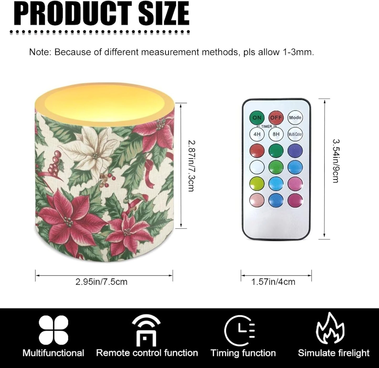 Poceacles Christmas LED Candles Set of 4 with Remote Timer, Multi-Color Flickering Flameless Battery Operated Candles Elegant Home Desktop Tabletop Decorations, Poinsettia Flower