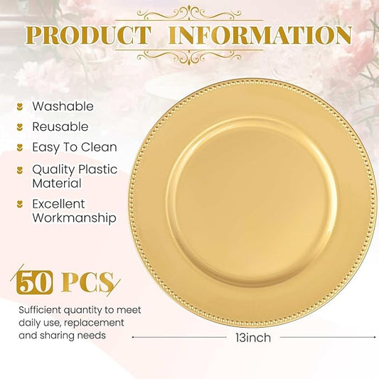 50 Pcs Gold Charger Plates Bulk, 13" Round Beaded Plate Chargers for Dinner Plates, Decorative Dinner Chargers Plastic Table Chargers for Wedding Holiday Party Baby Shower Event Decoration (Gold)