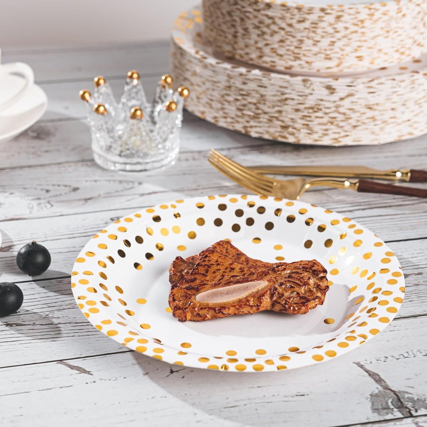 Lullaby 120PCS White Paper Plates, Disposable Gold Paper Plates, 60pcs Dinner Plates 9",60pcs Dessert Plates 7", Party Plates with Golden Dot for Birthday, Gathering and Graduation