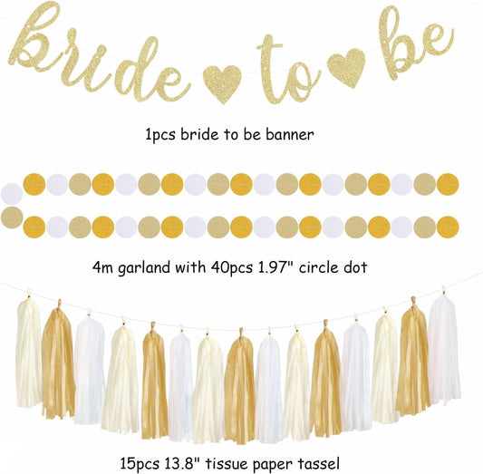 Champagne Gold White Bridal-Shower Party-Decorations - 31pcs Bride To Be Banner,Boho Neutral Bachelorette Paper Lanterns,Wedding Streamers Garland,Tissue Pom Poms Flower Fan Decor Supplies Burgleda