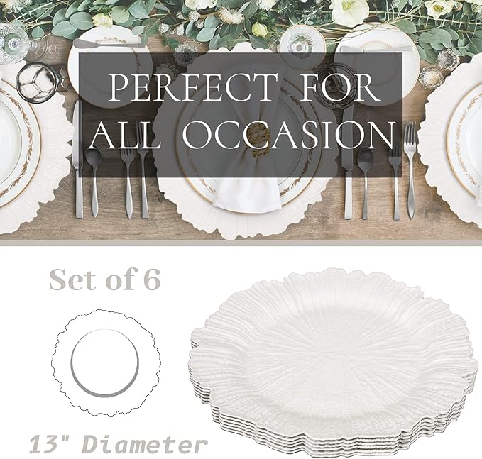 MAONAME Reef White Charger Plates, Plate Chargers for Dinner Plates, Plastic Plate Chargers for Wedding Decor, Thanksgiving, Christmas, Set of 6