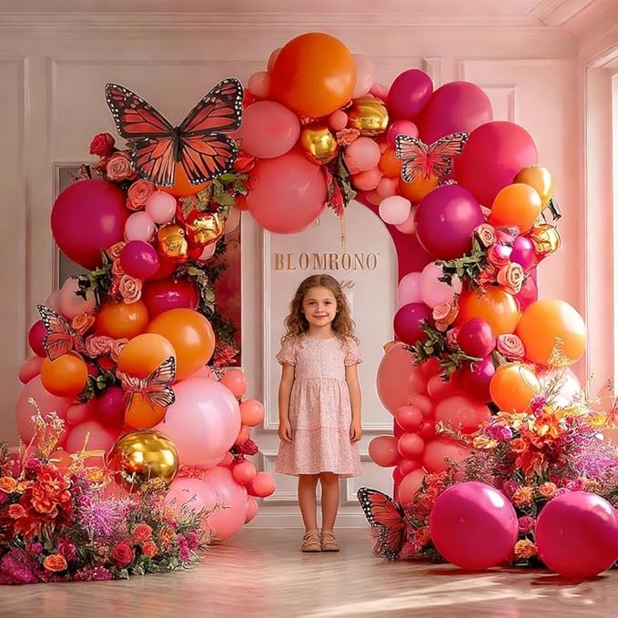 Pink Orange Balloon Garland, Double Stuffed Hot Pink Dark Magenta Balloon Arch Kit Metallic Gold Latex Balloons for Mother's Day Birthday Wedding Baby Shower Tropical Party Decorations